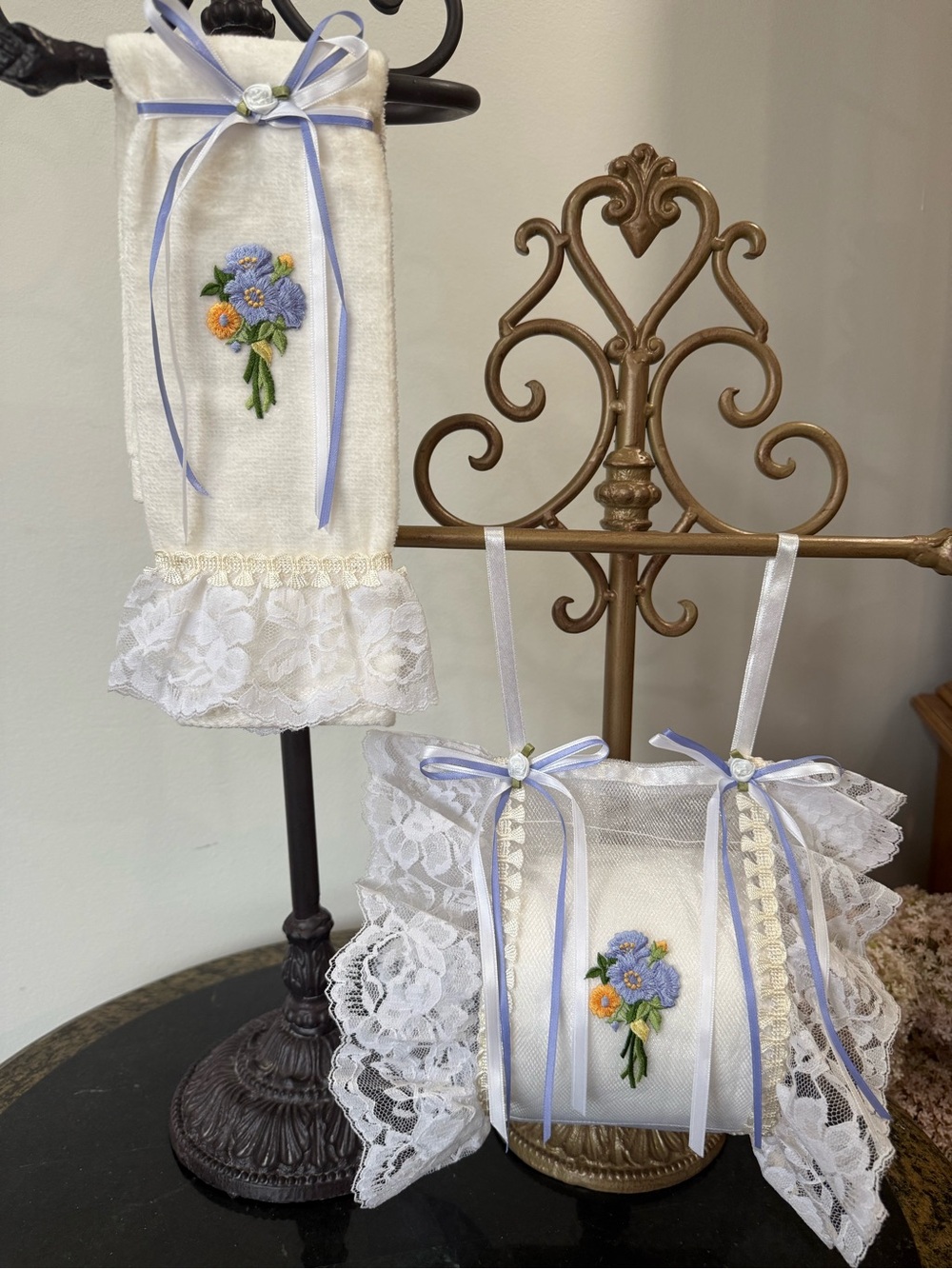💐 Hand Crafted White Hand Towel & Spare Toilet Paper Holder with Lace Trim 💐
